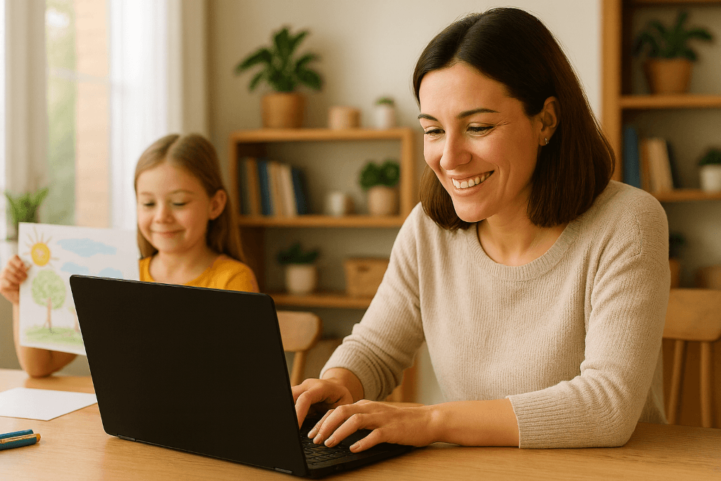 Parent and child homeschooling together at wooden dining table with laptop, soft natural lighting from window, plants and books in background